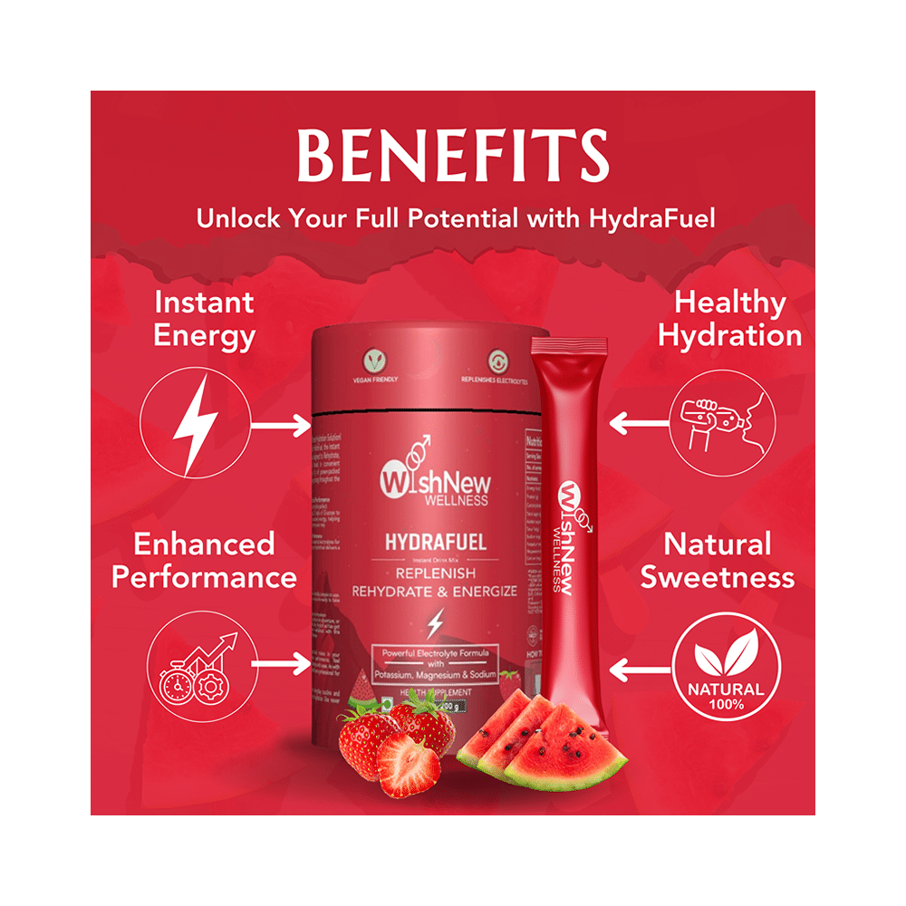 Wishnew Wellness Hydrafuel Replenish, Rehydrate & Energize with Potassium, Magnesium & Sodium Sachet (10gm Each) Sachet Strawberry & Watermelon - Image 3