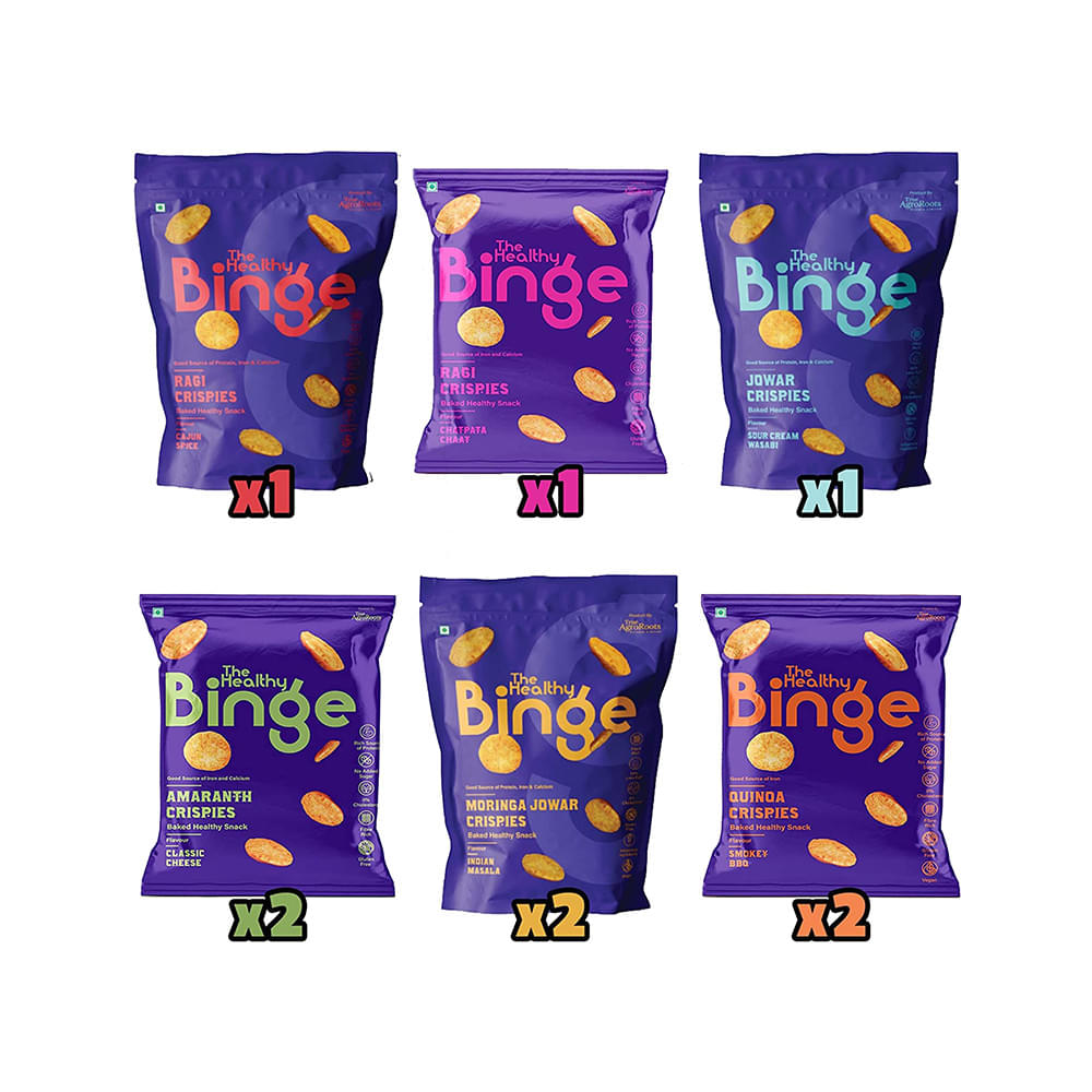 The Healthy Binge Assorted Pack of Ragi Crispies Cajun Spice, Ragi Crispies Chatpata Chaat, Jowar Crispies Sour Cream Wasabi, Amaranth Crispies Classic Cheese, Moringa Jowar Crispies Indian Masala & Quinoa Crispies (40gm Each)