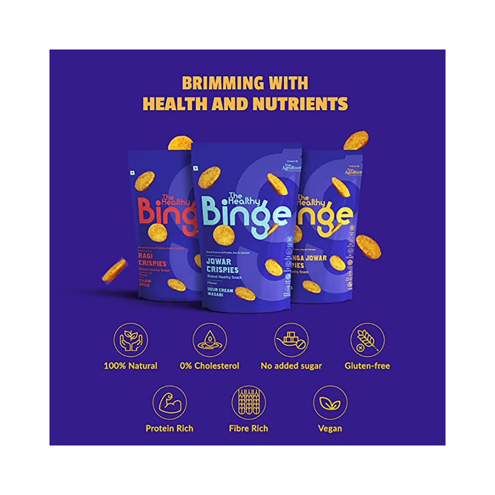 The Healthy Binge Assorted Pack of Ragi Crispies Cajun Spice, Ragi Crispies Chatpata Chaat, Jowar Crispies Sour Cream Wasabi, Amaranth Crispies Classic Cheese, Moringa Jowar Crispies Indian Masala & Quinoa Crispies (40gm Each) - Image 3