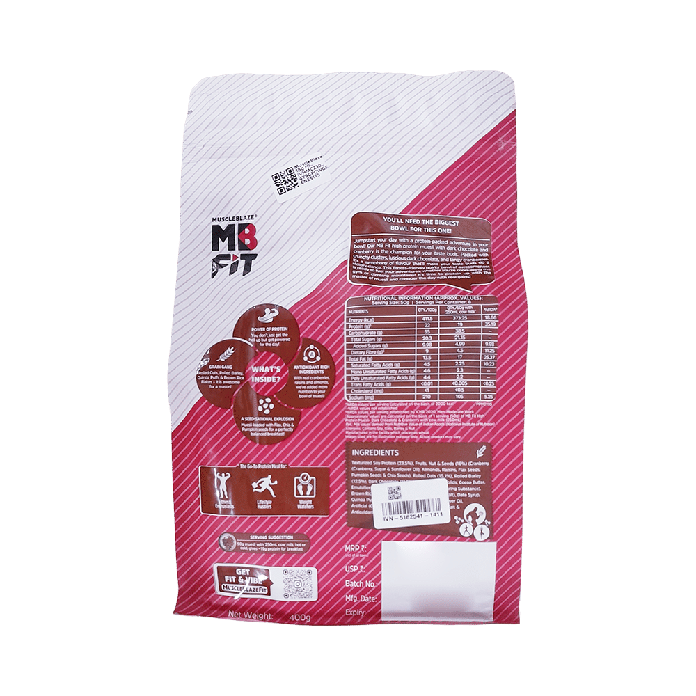 MuscleBlaze Fit High Protein Muesli 22 g Protein | Flavour Dark Chocolate & Cranberry - Image 2