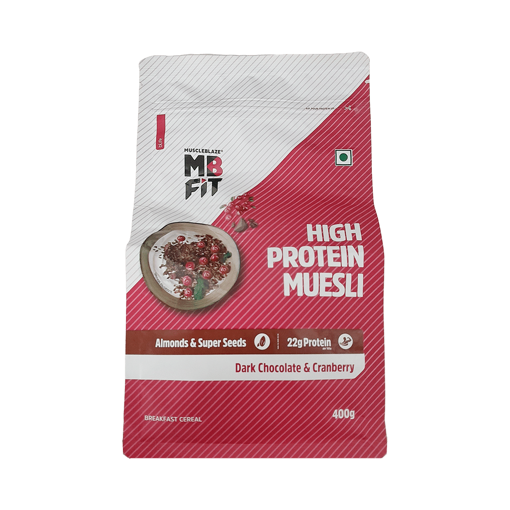 MuscleBlaze Fit High Protein Muesli 22 g Protein | Flavour Dark Chocolate & Cranberry - Image 1