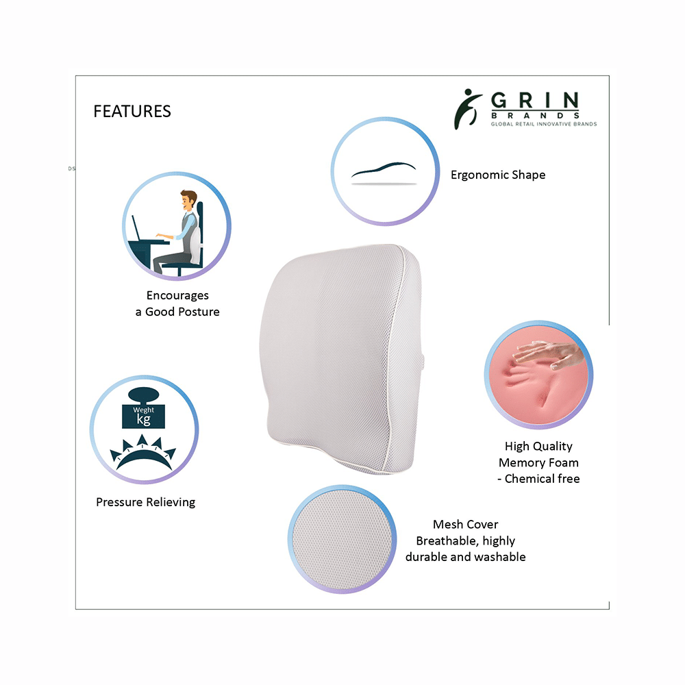 Grin Health Mid Backrest Cushion with Memory Foam Grey Orthopaedic - Image 2