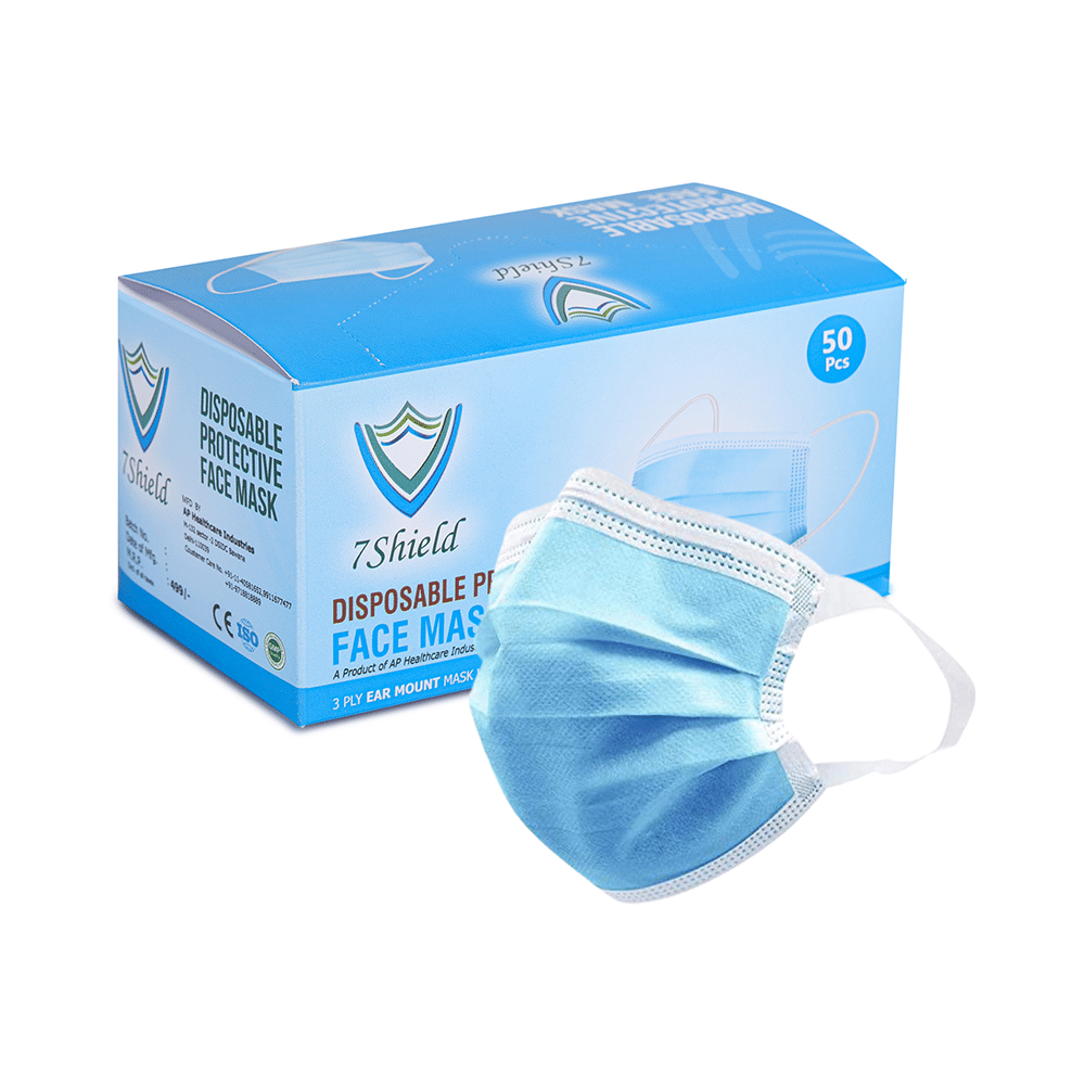 7 Shield 3 Ply Disposable Protective Face Mask with Soft Fabric Ear Loop Blue - Image 1
