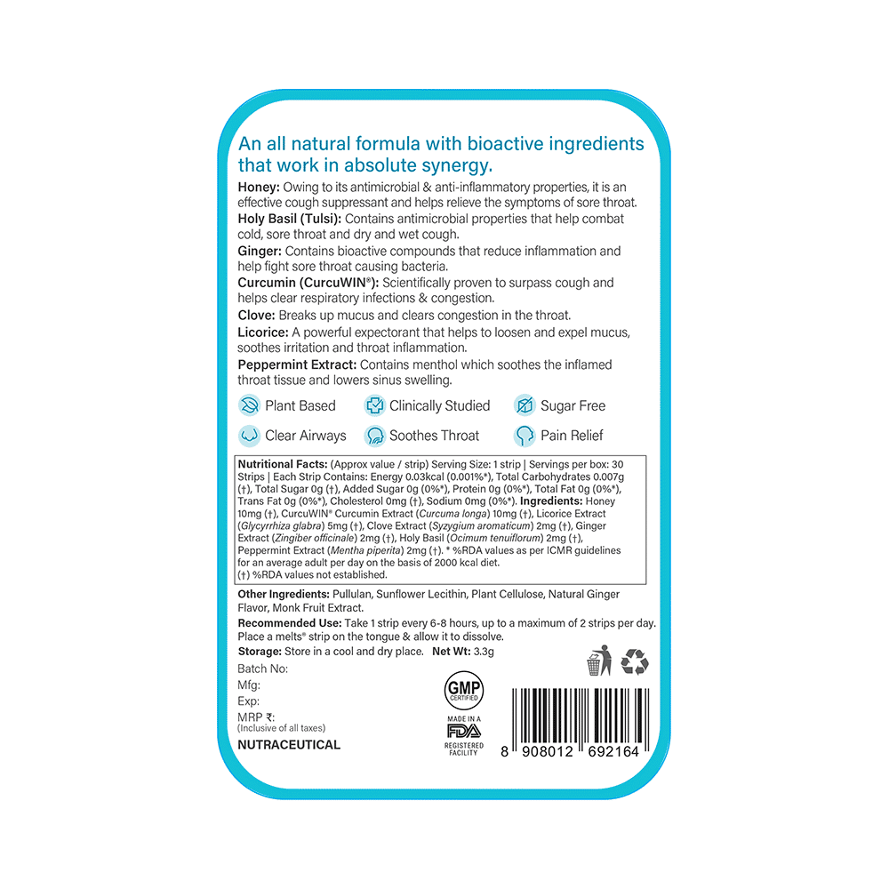 Wellbeing Nutrition Melts into Throat Relief | Oral Thin Strips with Honey & Curcumin | Flavour Soothing Ginger Honey - Image 2