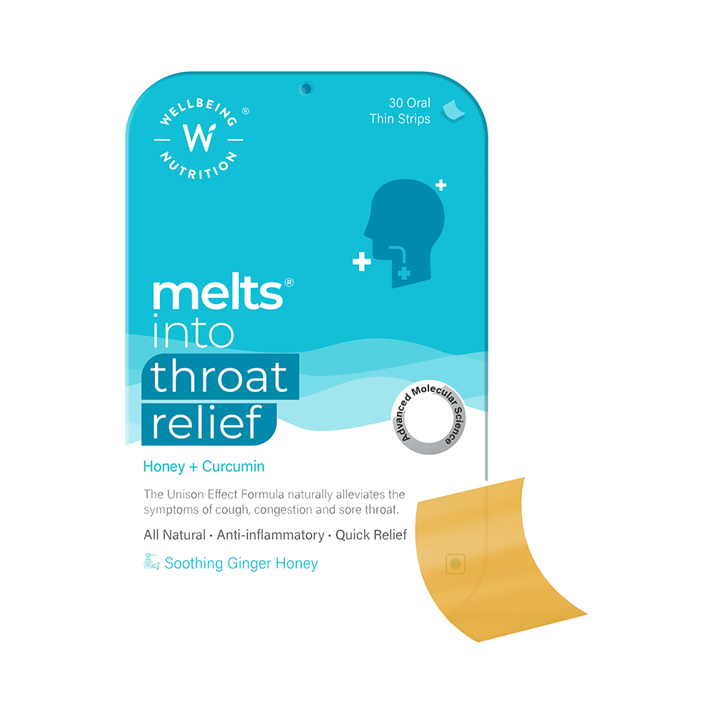 Wellbeing Nutrition Melts into Throat Relief | Oral Thin Strips with Honey & Curcumin | Flavour Soothing Ginger Honey