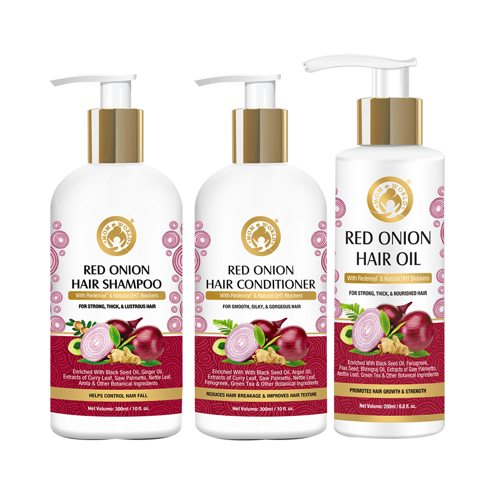 Mom & World Combo Pack of Red Onion Hair Shampoo 300ml, Red Onion Hair Conditioner 300ml & Red Onion Hair Oil 200ml - Image 1