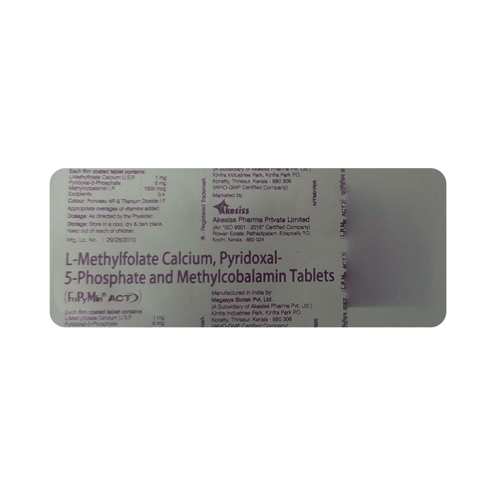 Fopymin Act Tablet with L-Methylfolate Calcium, Pyridoxal-5-Phosphate & Methylcobalamin