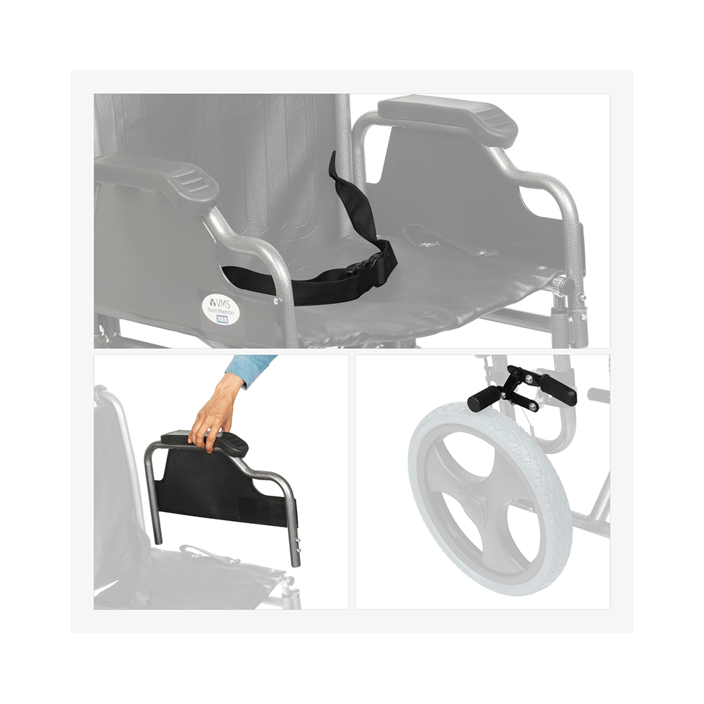 VMS Careline VWE-1045 Tour lightweight Transporter Wheelchair with Solid Wheel and Seat Belt - Image 3