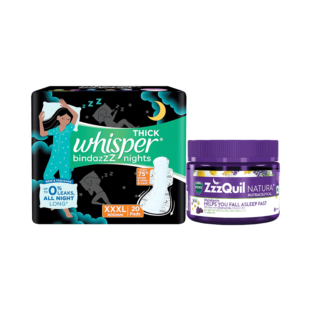 Combo Pack of Whisper Bindazzz Nights Pads XXXL (20 Each) & Vicks Zzz Quil Natural Melatonin Sleep Aid Nutraceutical Gummies (10 Each)