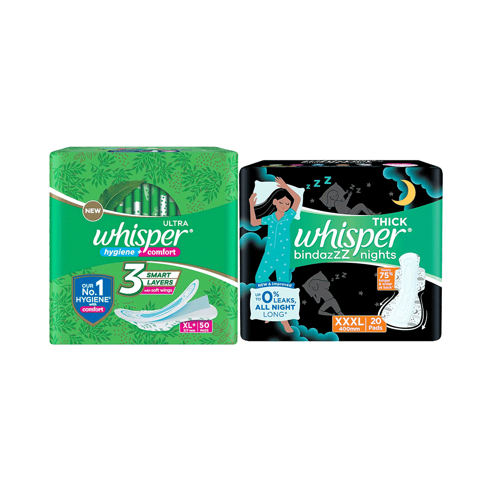 Combo Pack of Whisper Ultra Clean with Herbal Oil Sanitary Pads XL+ (50 Each) & Whisper Bindazzz Nights Pads XXXL (20 Each) - Image 1