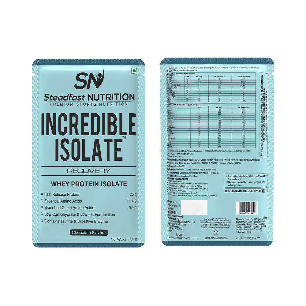 Steadfast Nutrition Incredible Isolate Recovery Whey Protein Isolate Sachet (30gm Each) Chocolate - Image 3