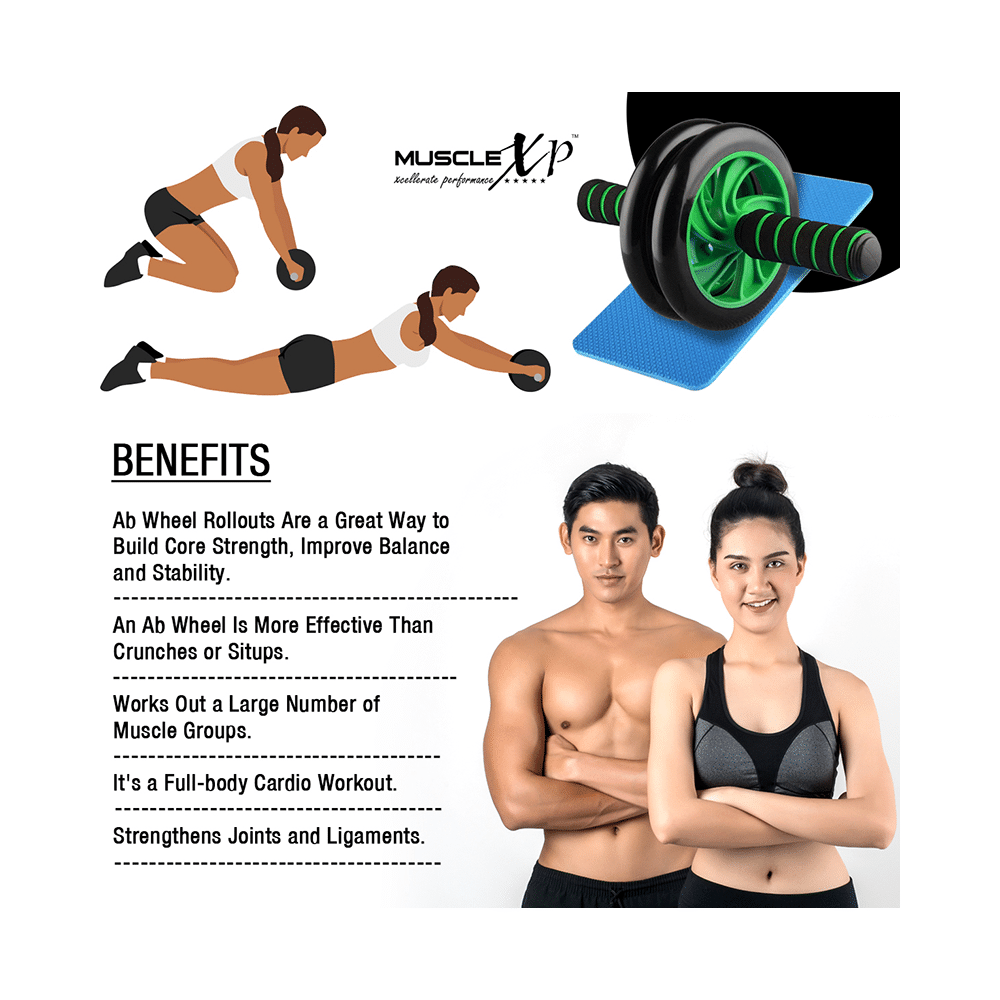 MuscleXP Dr Fitness+ AB Roller Wheel With Knee Mat Black and Green - Image 6