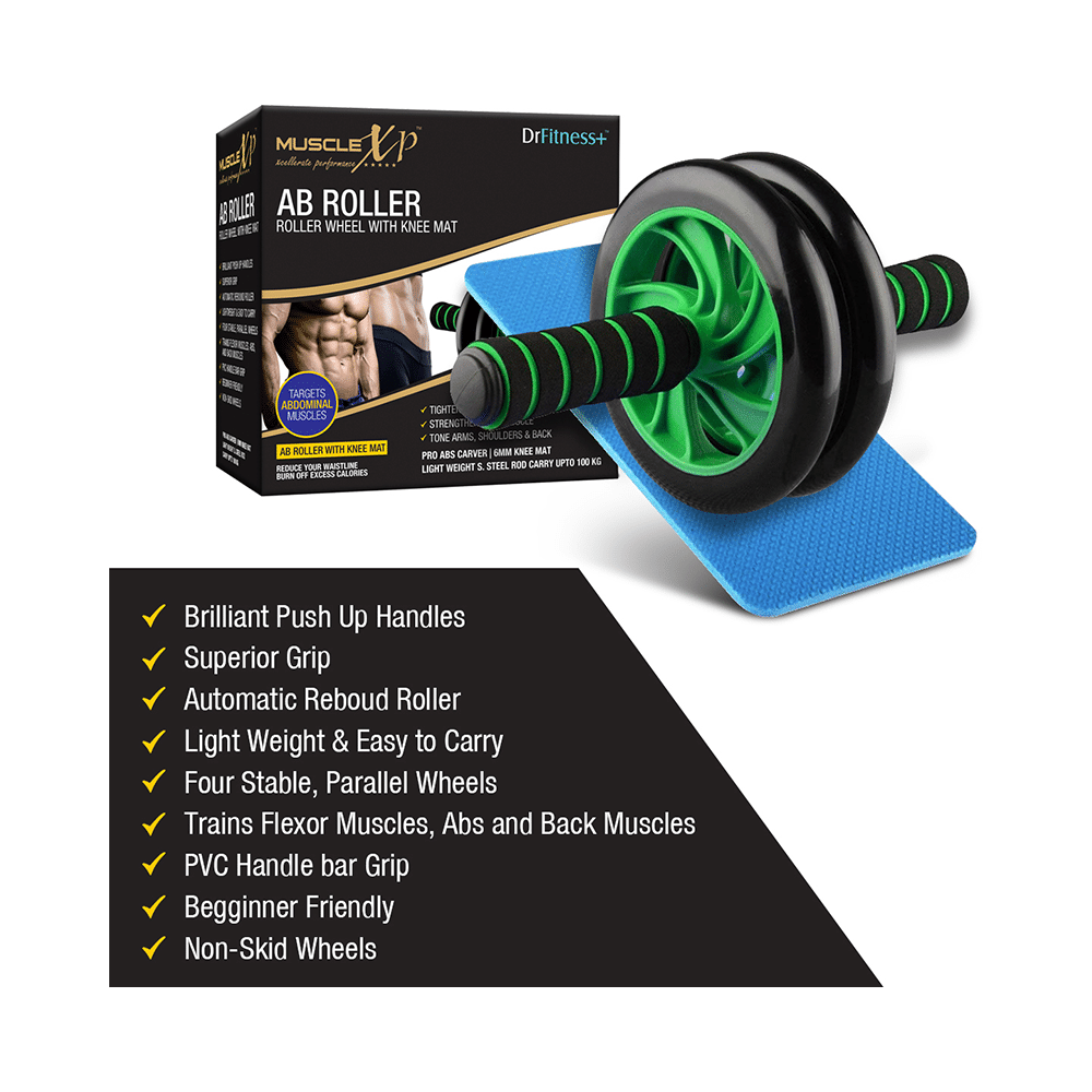MuscleXP Dr Fitness+ AB Roller Wheel With Knee Mat Black and Green - Image 4