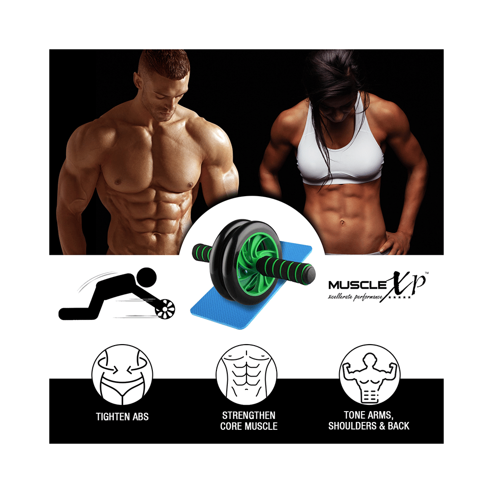 MuscleXP Dr Fitness+ AB Roller Wheel With Knee Mat Black and Green - Image 3
