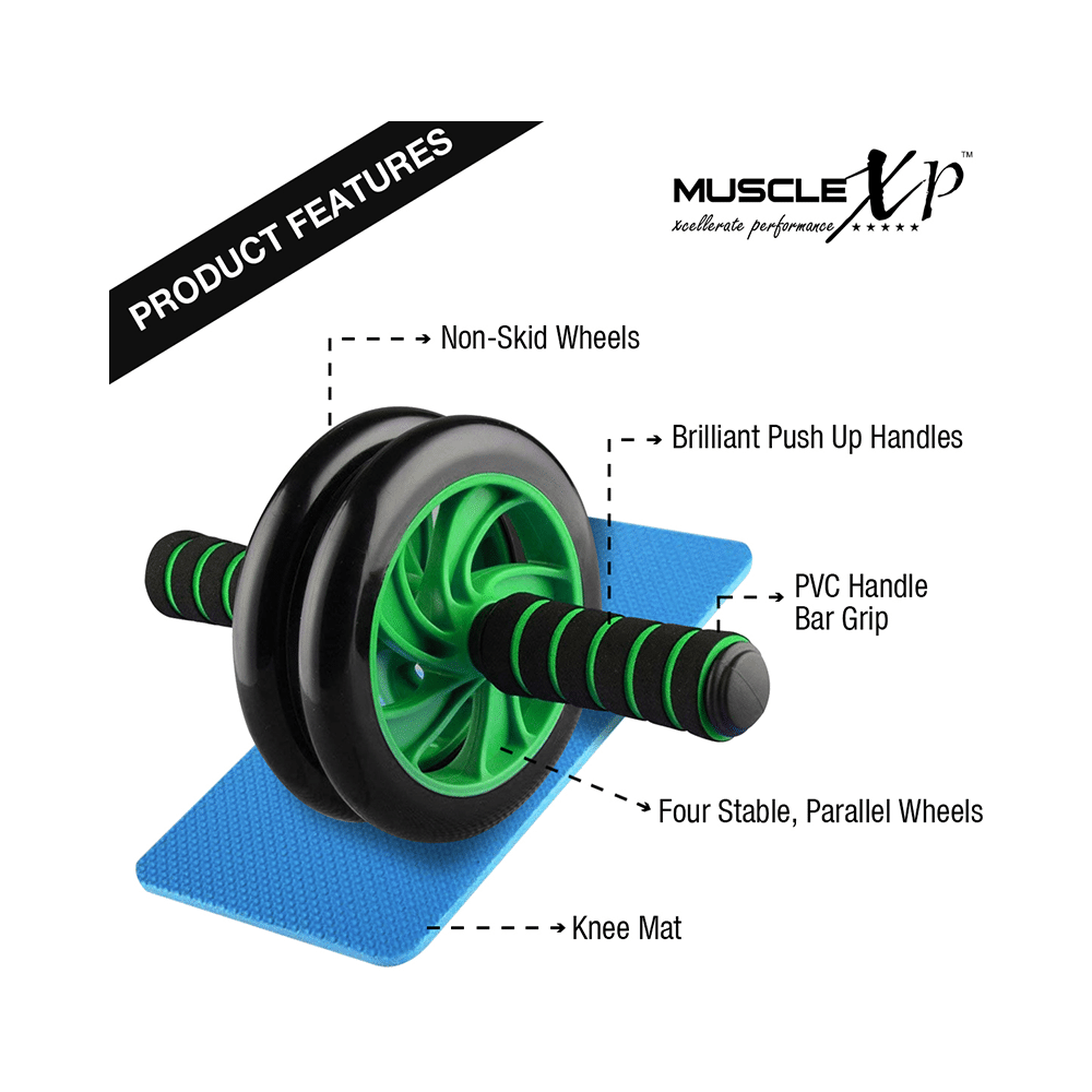 MuscleXP Dr Fitness+ AB Roller Wheel With Knee Mat Black and Green - Image 2