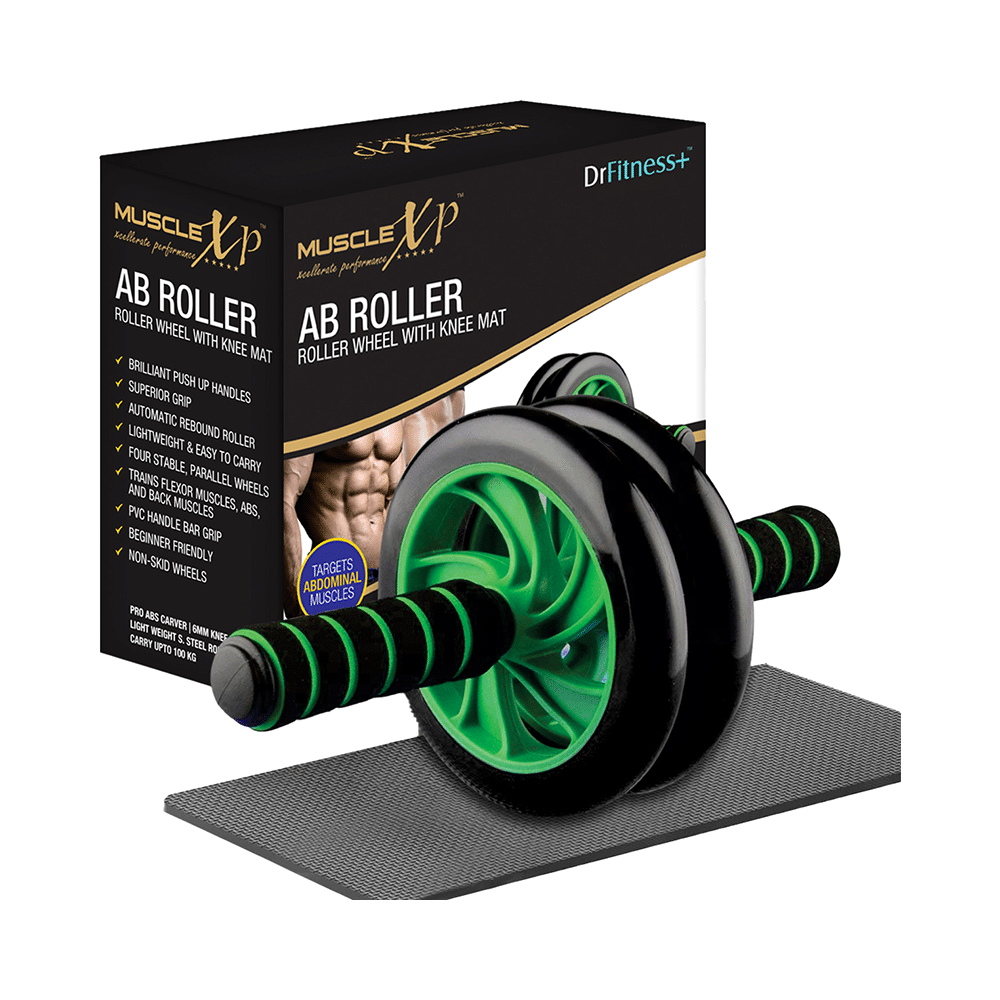 MuscleXP Dr Fitness+ AB Roller Wheel With Knee Mat Black and Green - Image 1