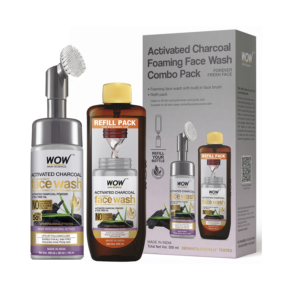 WOW Skin Science Combo Pack of Activated Charcoal Foaming Face Wash 150ml with Refill Pack 200ml - Image 1