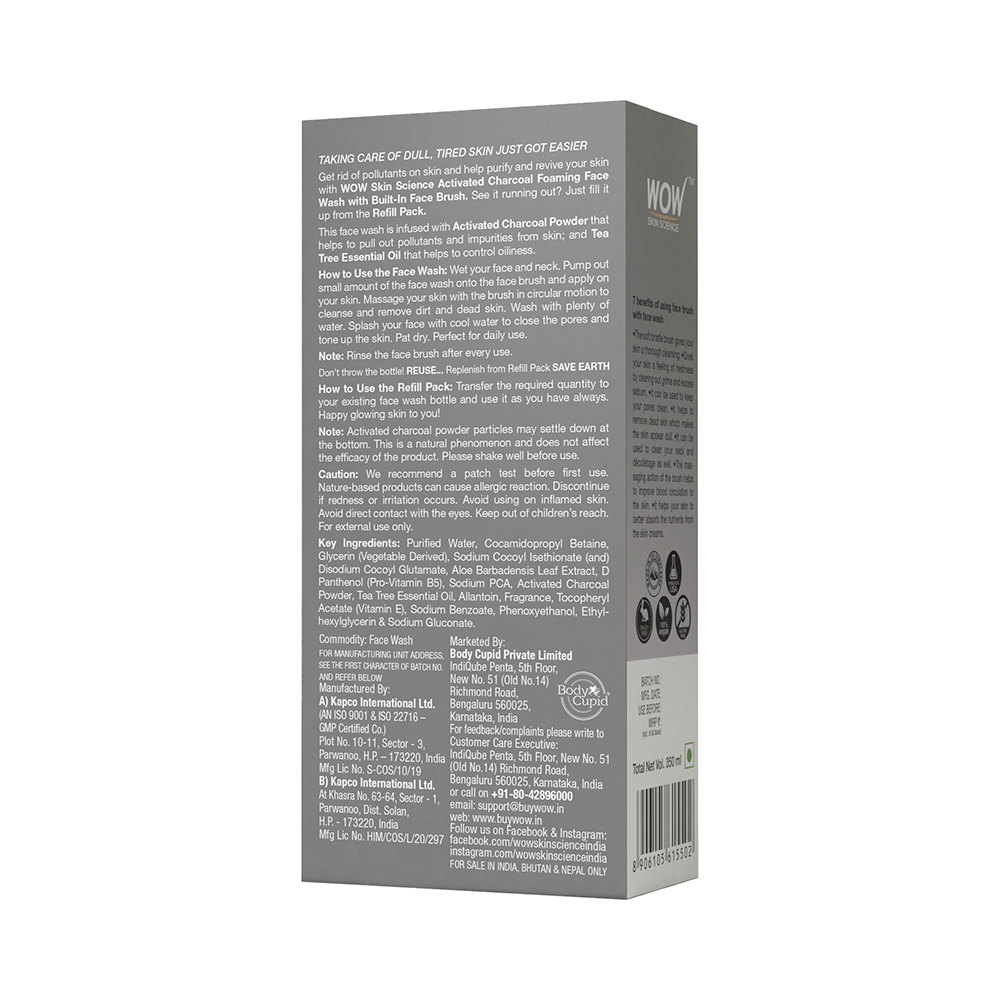 WOW Skin Science Combo Pack of Activated Charcoal Foaming Face Wash 150ml with Refill Pack 200ml - Image 3