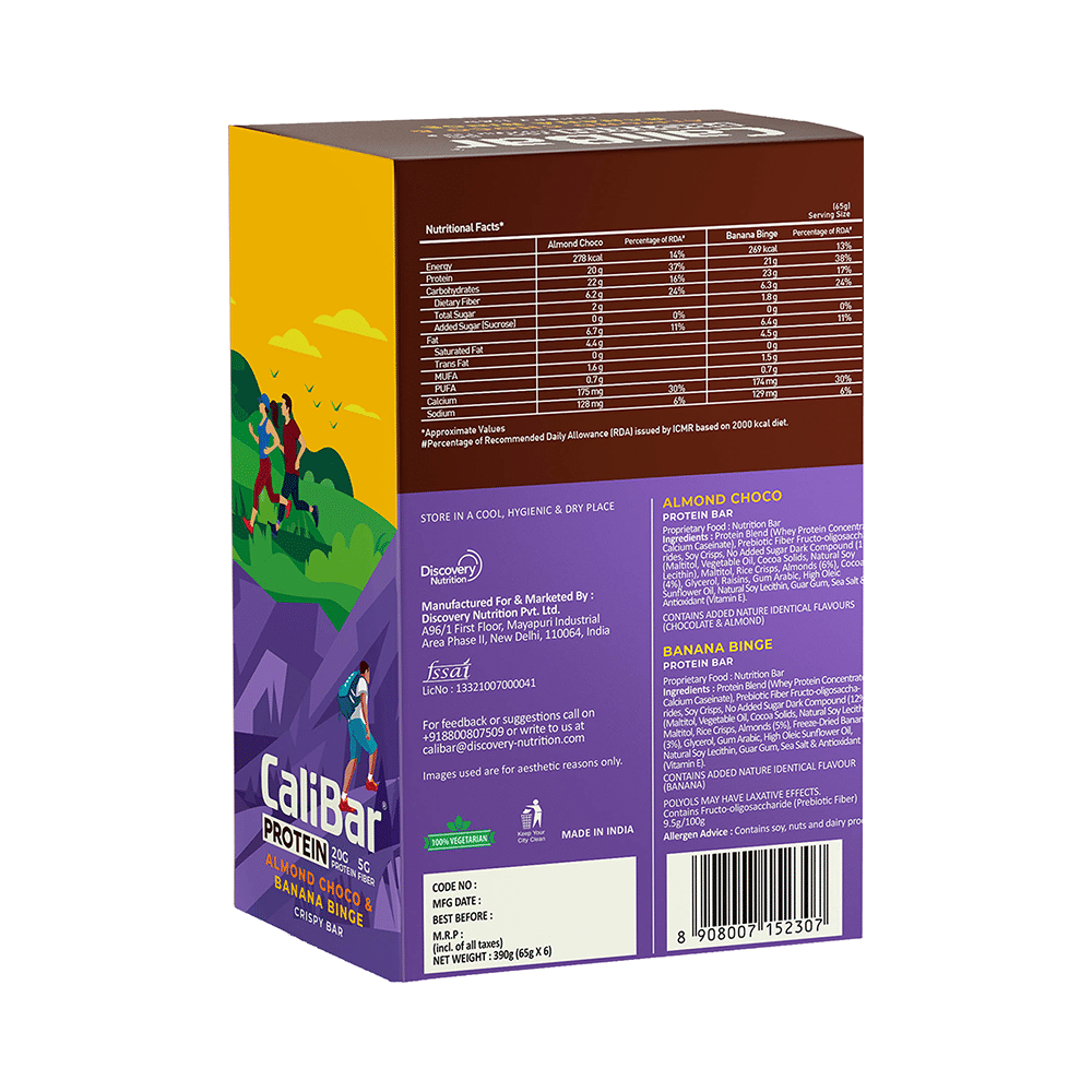 CaliBar Protein Crispy Bar (65gm Each) 3 Almond Choco & 3 Banana Binge - Image 2