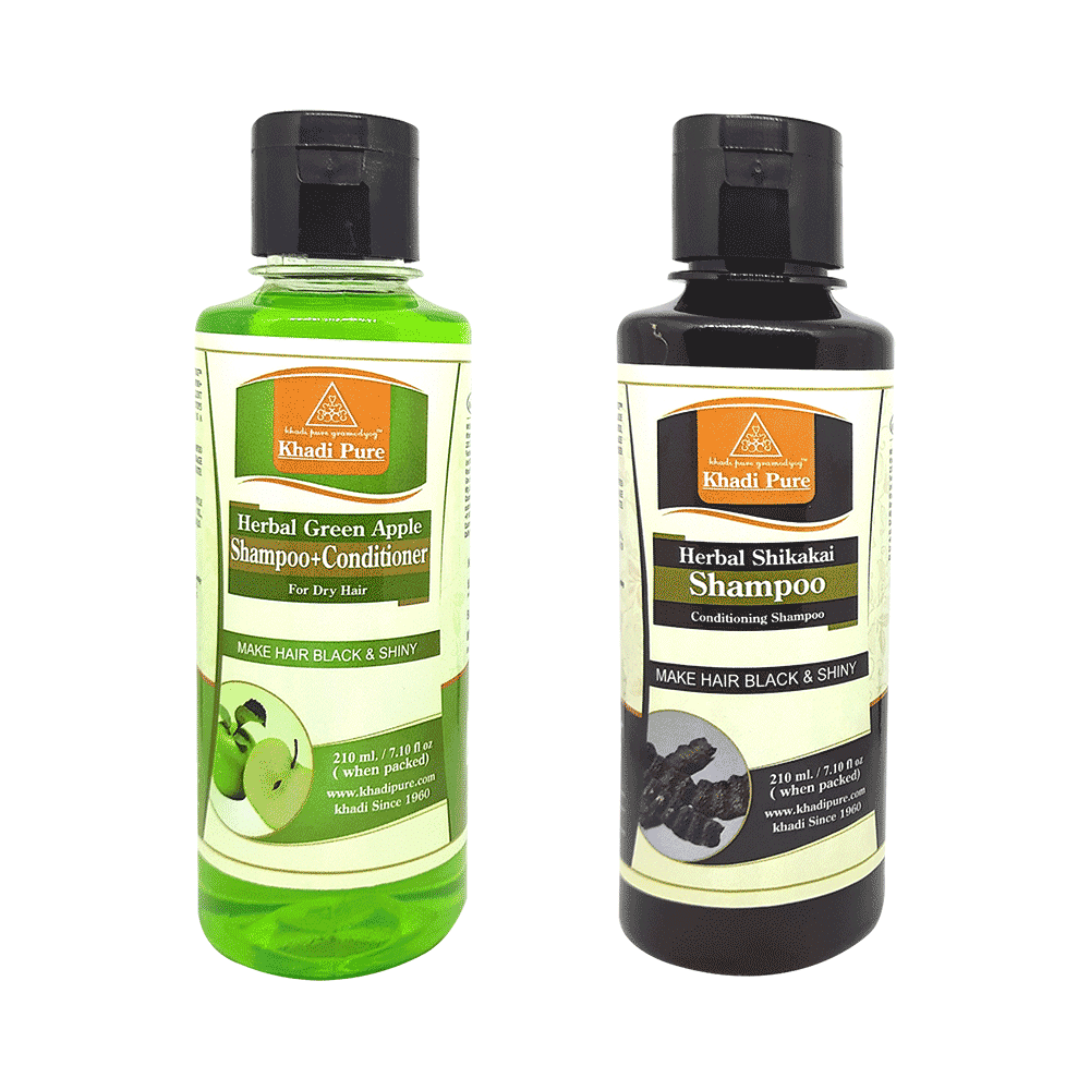 Khadi Pure Combo Pack of Herbal Green Apple Shampoo + Conditioner & Herbal Shikakai Shampoo (210ml Each) - Image 1