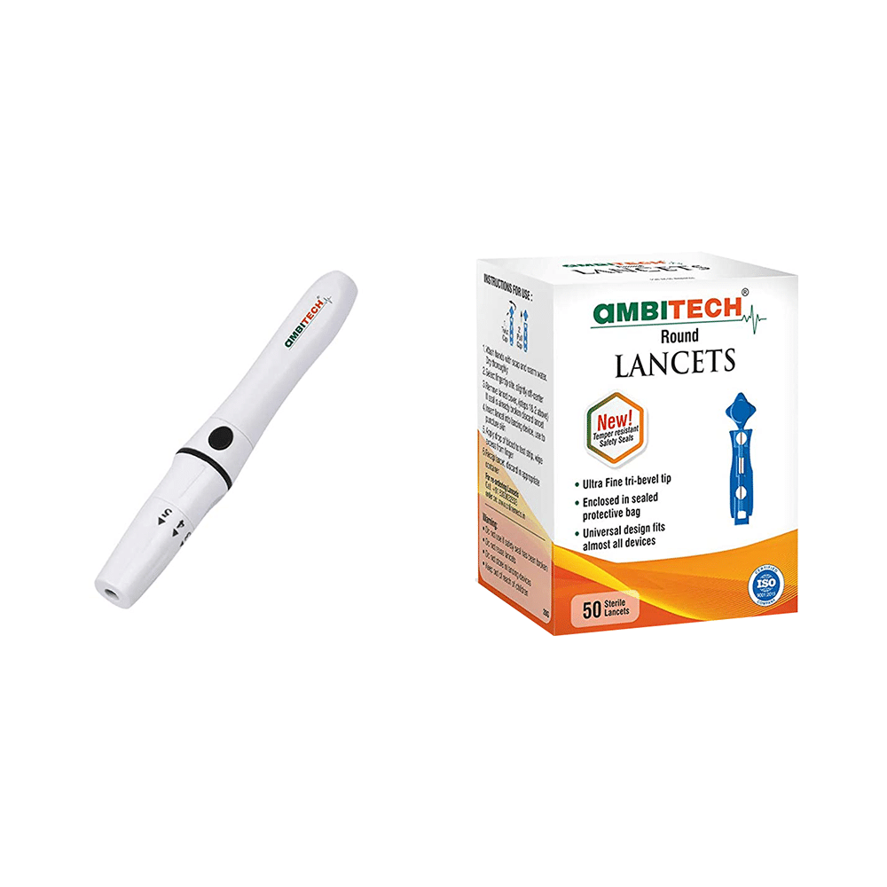 Ambitech Combo Pack of Adjustable Lancing Device with Ambitech 50 Round Lancets