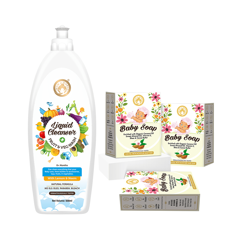 Mom & World Combo Pack of Liquid Cleanser (500ml) & 3 Baby Soap (125gm Each)
