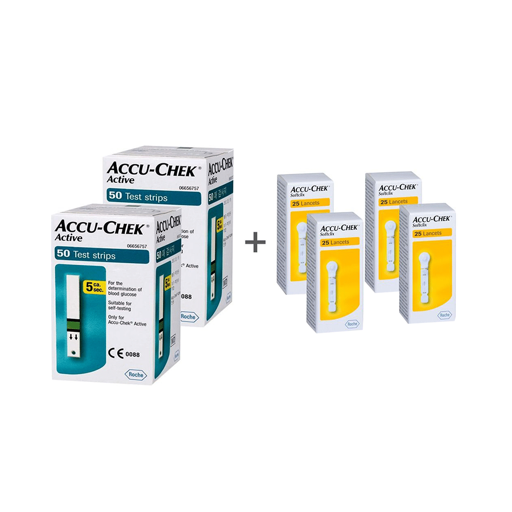 Accu-Chek Combo Pack of 2 Pack Active Test Strip (50 Each) & 4 Pack Softclix Lancet (25 Each) - Image 1