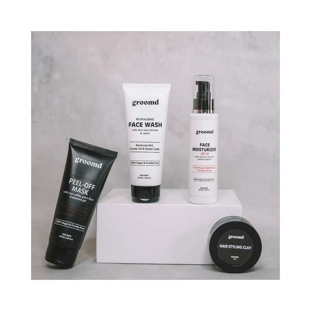 Groomd Combo Pack of Hair Styling Clay for Men 75ml, Face Moisturizer SPF20 for Men 100 ml, Revitalising Face Wash for Men 100ml & Organic Coffee Peel-Off Mask for Men 100ml - Image 2