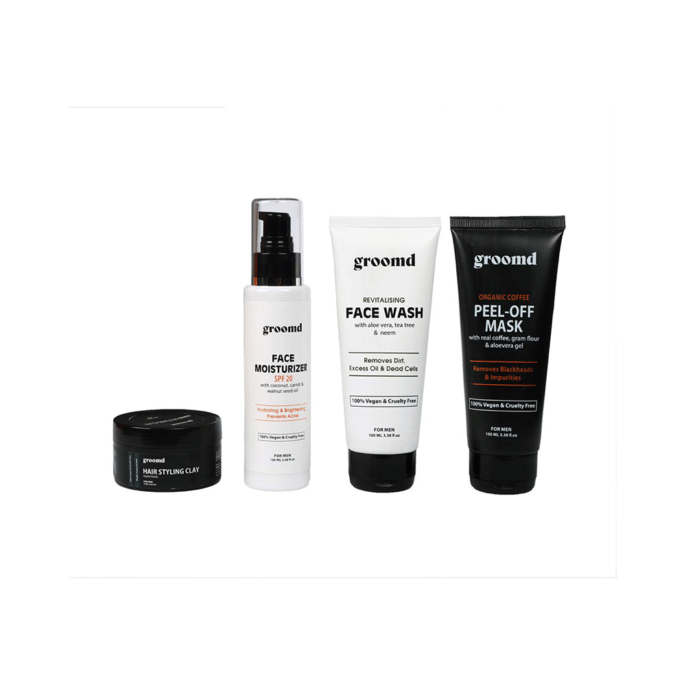 Groomd Combo Pack of Hair Styling Clay for Men 75ml, Face Moisturizer SPF20 for Men 100 ml, Revitalising Face Wash for Men 100ml & Organic Coffee Peel-Off Mask for Men 100ml - Image 1
