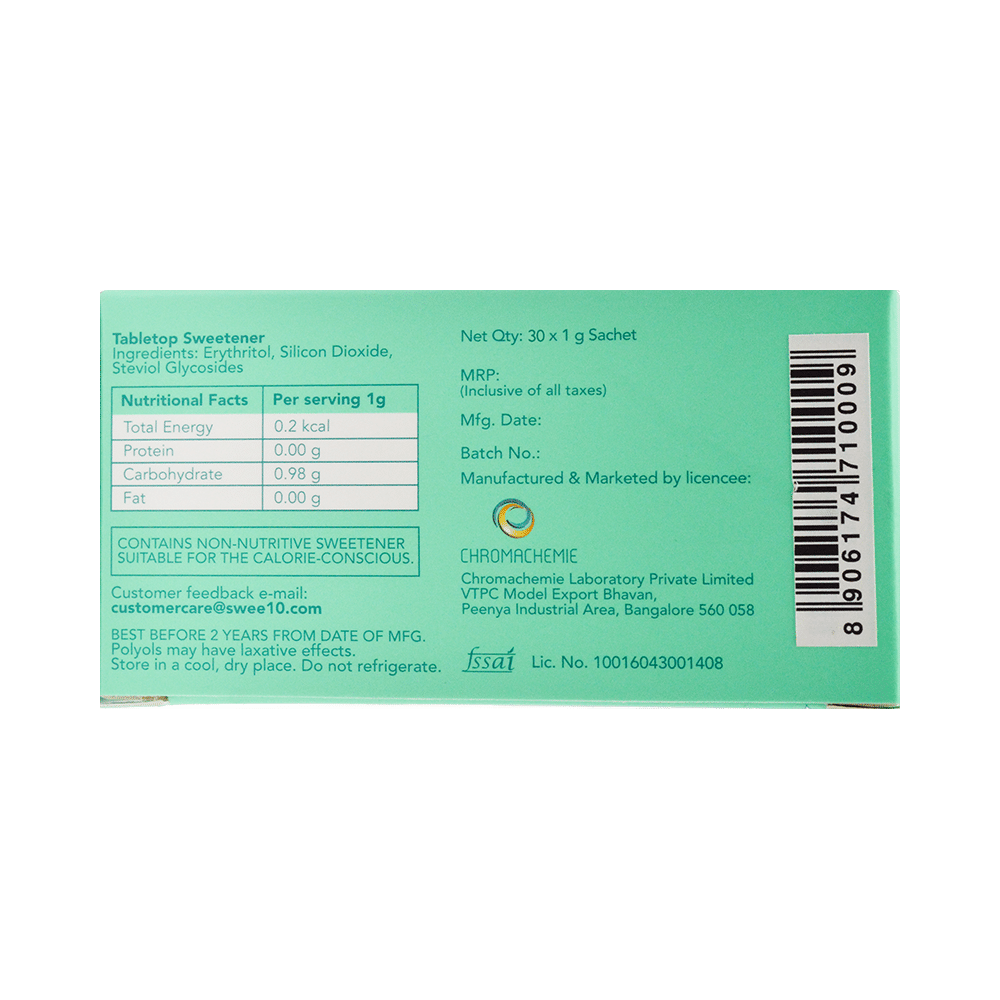 Swee10 Natural Stevia Sweetener Powder | Sugar Free | Zero Calorie Sugar Substitute 30 Sachet (1gm Each) - Image 2