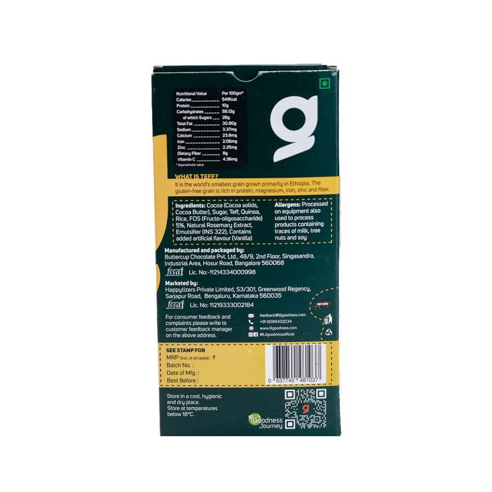 Lil Goodness Prebiotic Chocolate (90gm Each) Teff Crackle 72% Cocoa - Image 2