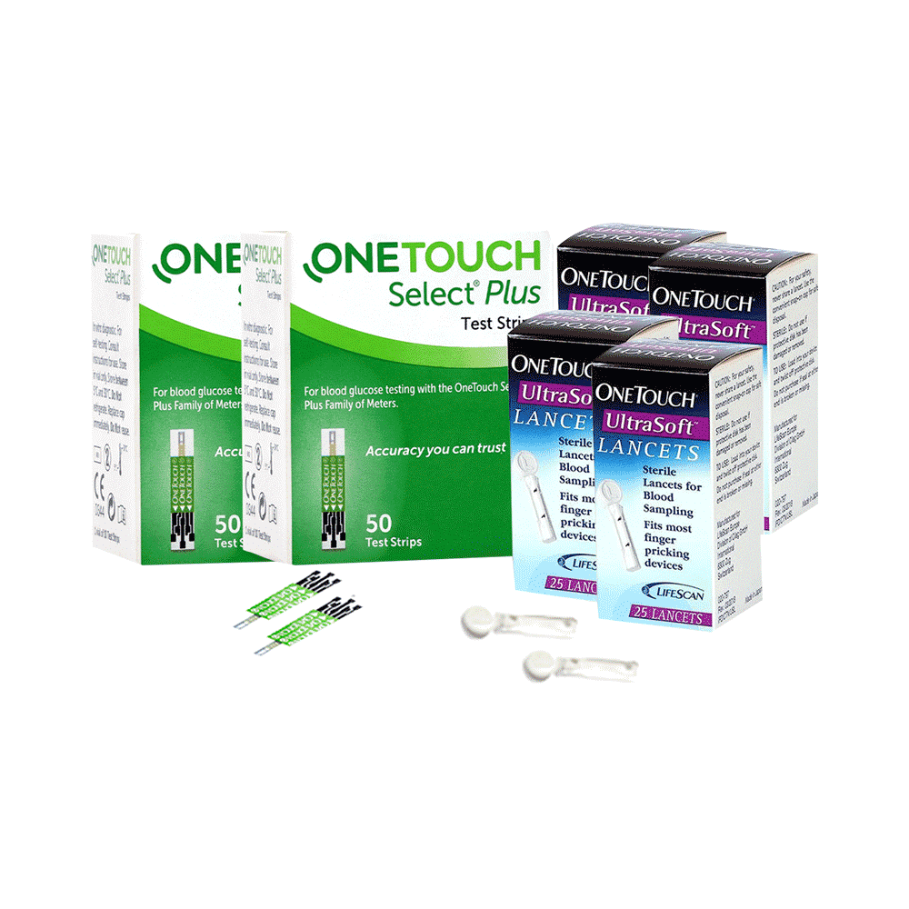 Combo Pack of 2 Boxes of OneTouch Select Plus Test Strip (50 Each) & 4 Boxes of OneTouch Ultrasoft Lancets (25 Each) - Image 1