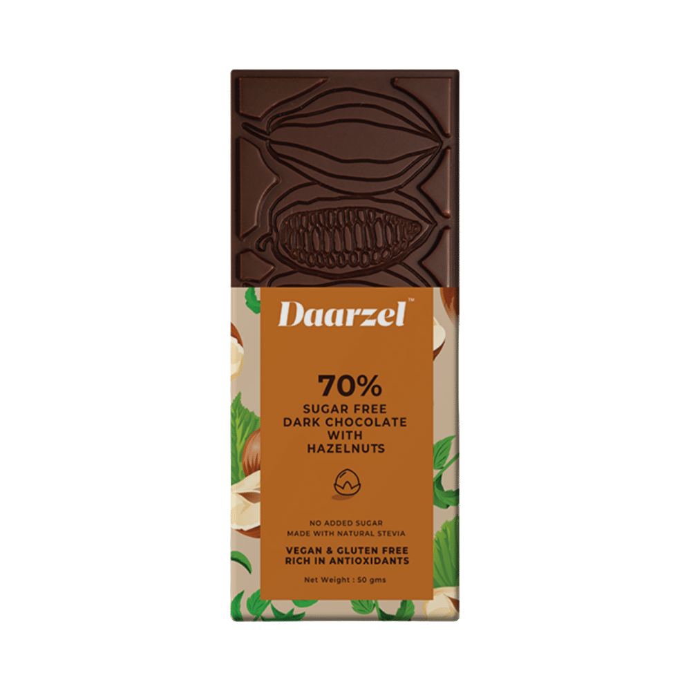 Daarzel Combo Pack of 70% Sugar Free Dark Chocolate with Hazelnuts and 70% Sugar Free Dark Chocolate with Almonds (50gm Each) - Image 5
