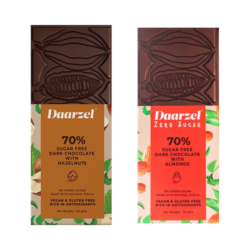 Daarzel Combo Pack of 70% Sugar Free Dark Chocolate with Hazelnuts and 70% Sugar Free Dark Chocolate with Almonds (50gm Each)