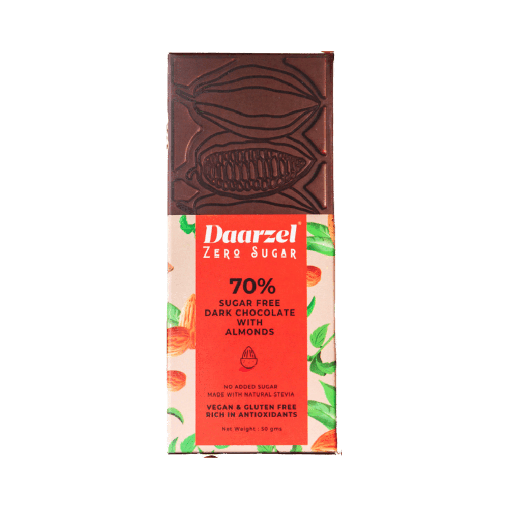 Daarzel Combo Pack of 70% Sugar Free Dark Chocolate with Hazelnuts and 70% Sugar Free Dark Chocolate with Almonds (50gm Each) - Image 2