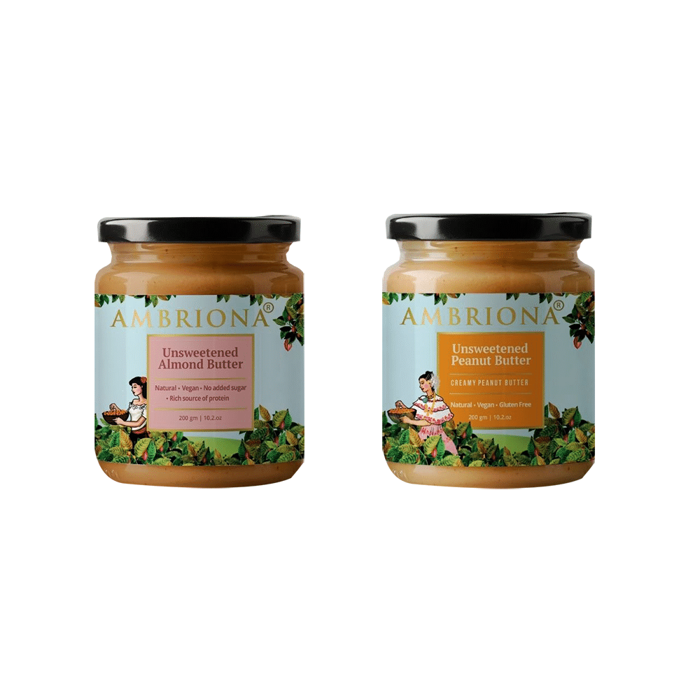 Ambriona Combo Pack of Unsweetened Almond Butter & Unsweetened Peanut Butter (200gm Each) - Image 1