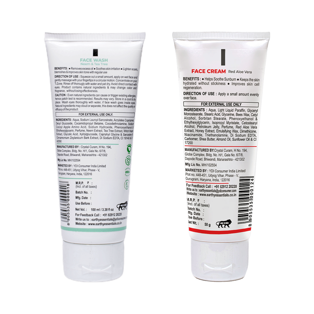 Earthy Essentials Combo Pack of Neem & Tea Tree Face Wash 100ml & Red Aloe Vera Face Cream 50gm - Image 2