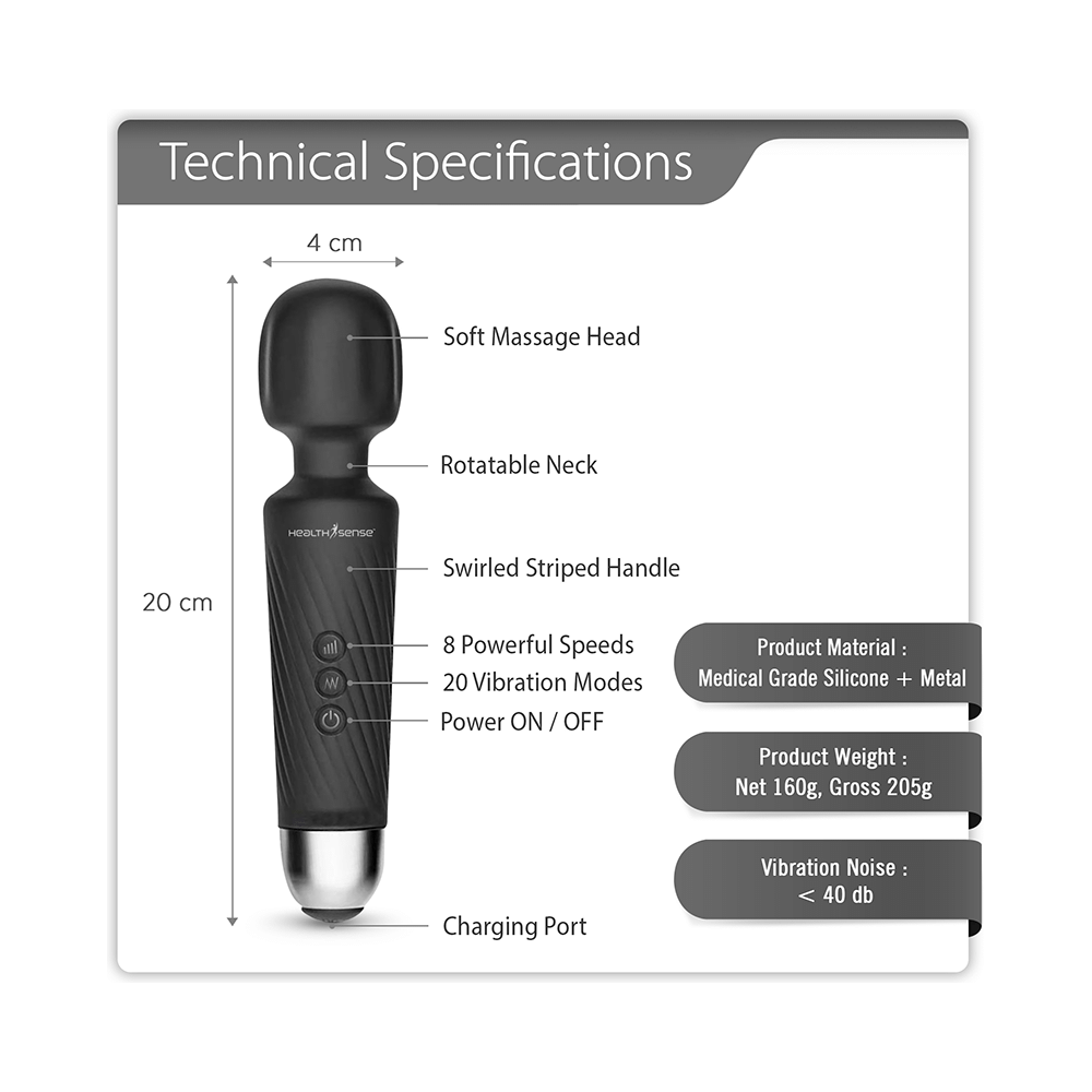 HealthSense HM 260 Magic-Vibe Cordless Rechargeable Handheld Body Massager Black - Image 4