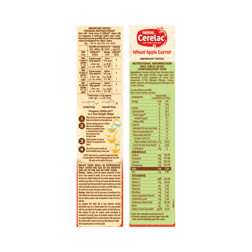 Nestle Cerelac Baby Cereal with Milk & Iron (from 6 to 24 Months) | Wheat Apple Carrot - Image 4