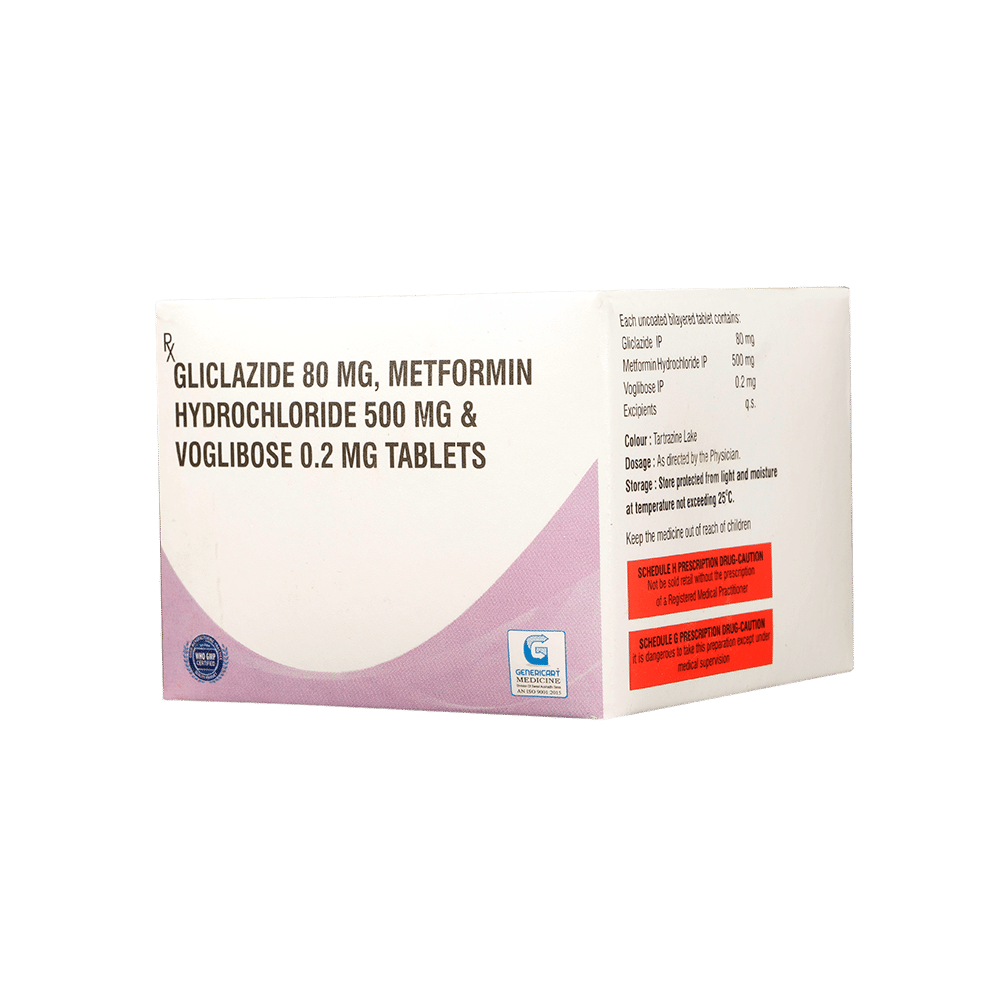 Genericart Voglibose+Metformin Hydrochloride+Gliclazide 0.2mg/500mg/80mg Tablet