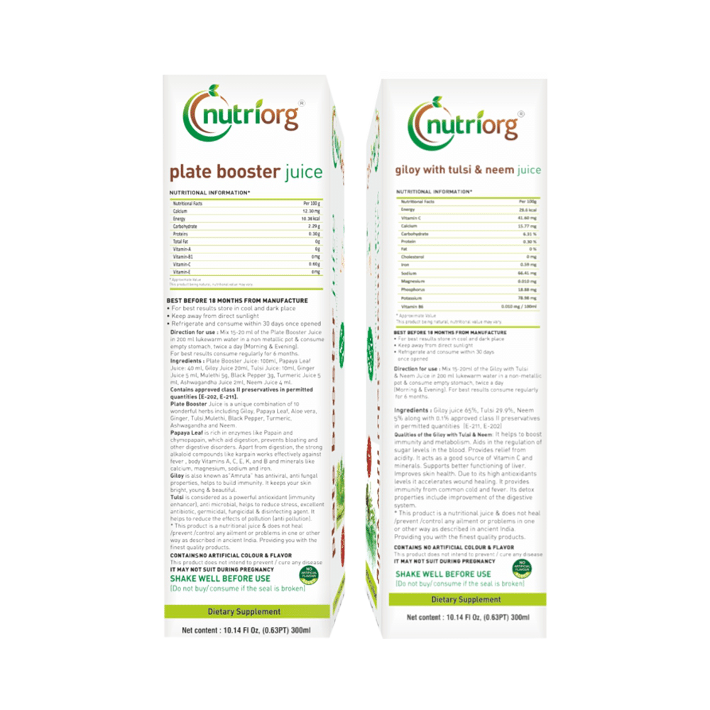 Nutriorg Combo Pack of Plate Booster Juice & Giloy with Tulsi & Neem Juice (300ml Each) - Image 2