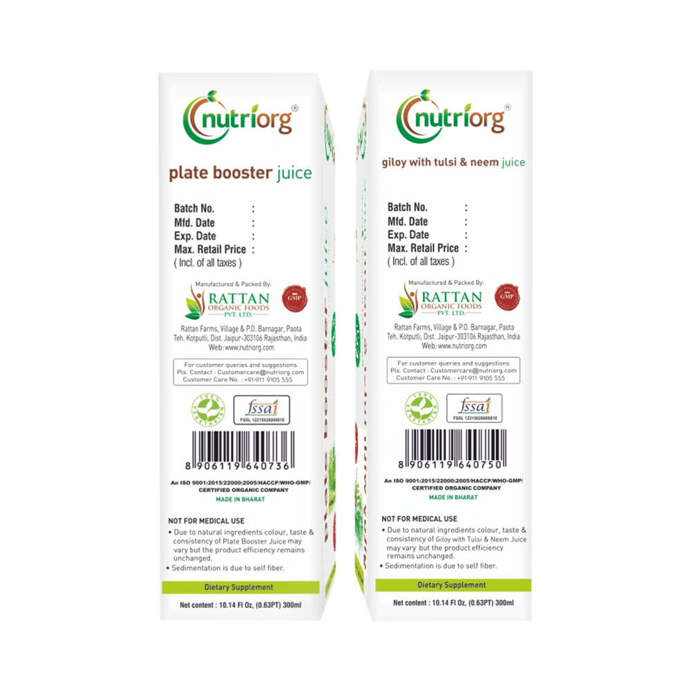 Nutriorg Combo Pack of Plate Booster Juice & Giloy with Tulsi & Neem Juice (300ml Each) - Image 3