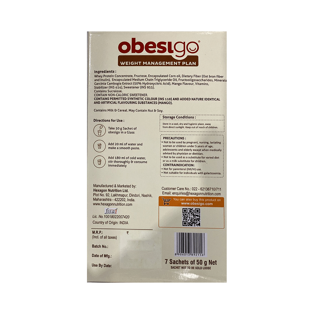 Obesigo Whey Protein 50gm Sachet Mango Shake - Image 2