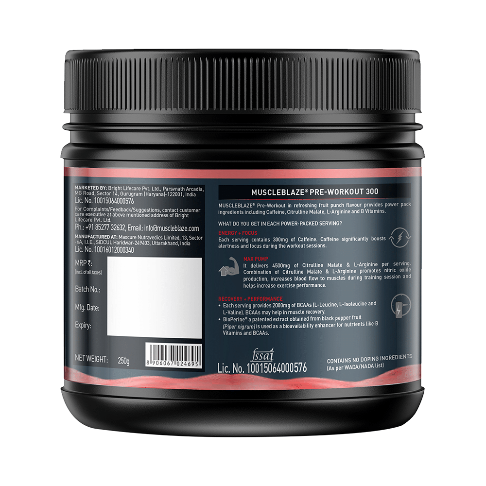 MuscleBlaze MB Pre-Workout 300 | With Citrulline & Arginine | For Energy & Recovery | Fruit Punch Powder - Image 2