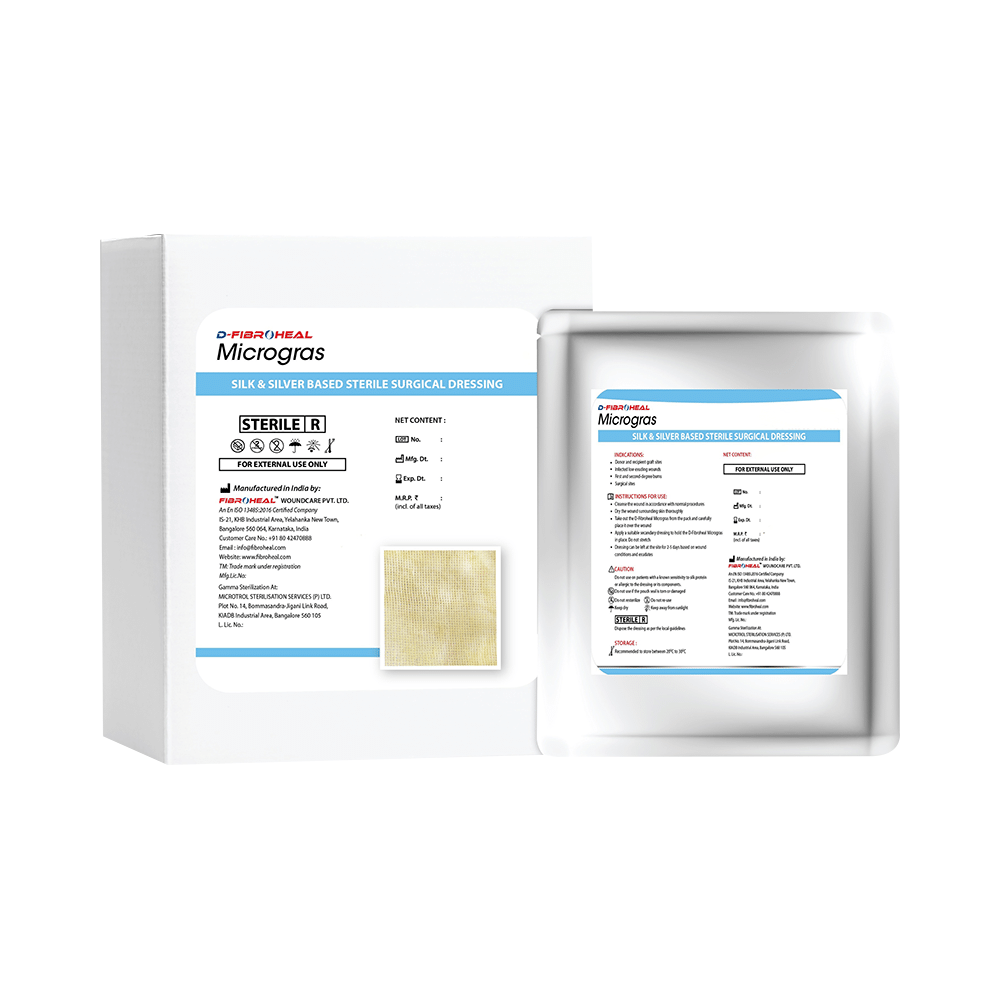 D-Fibroheal Microgras Silk and Silver Based Sterile Surgical Dressing 10cm x 10cm Creamish White