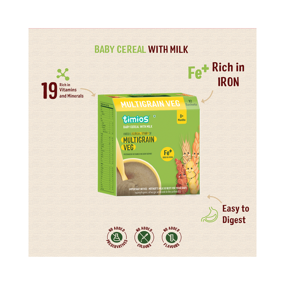 Timios Baby Cereal with Milk 8+ Months (25gm Each) Multigrain Veg - Image 3