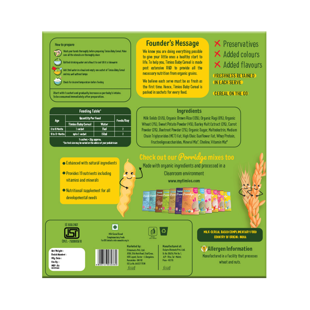 Timios Baby Cereal with Milk 8+ Months (25gm Each) Multigrain Veg - Image 2