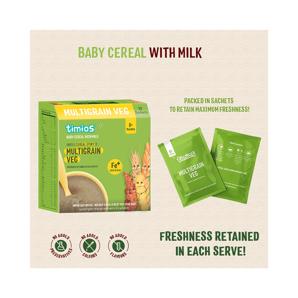 Timios Baby Cereal with Milk 8+ Months (25gm Each) Multigrain Veg - Image 4