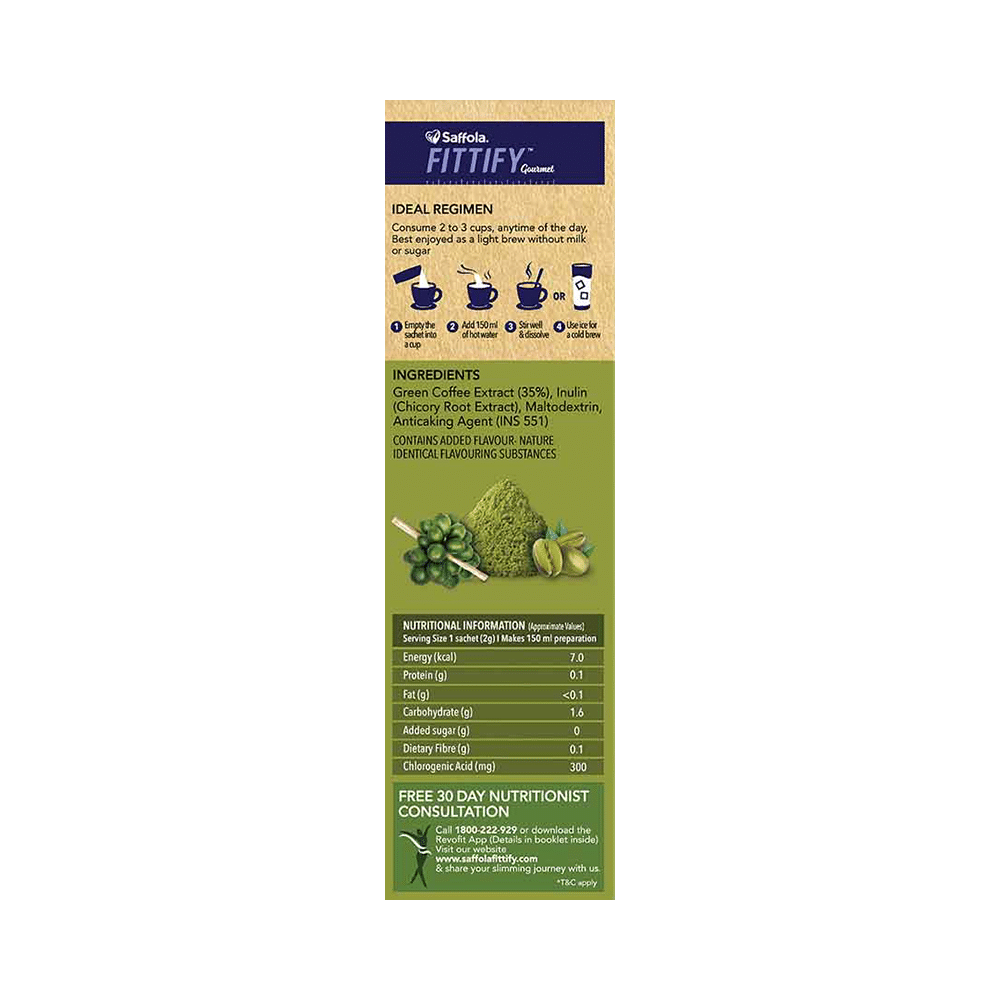 Saffola Fittify Green Coffee Decaf Instant Beverage Mix Sachet (2gm Each) Classic - Image 2