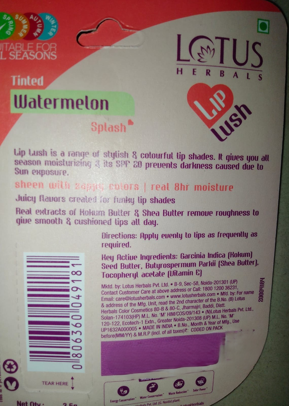 Lotus Herbals Lip Lush Watermelon Splash Spf 20 - Image 1